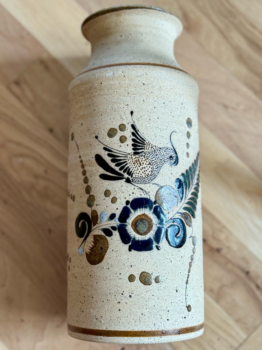 Vintage Signed Studio Pottery Vase Bird Floral Stoneware Hand Thrown Folk Art